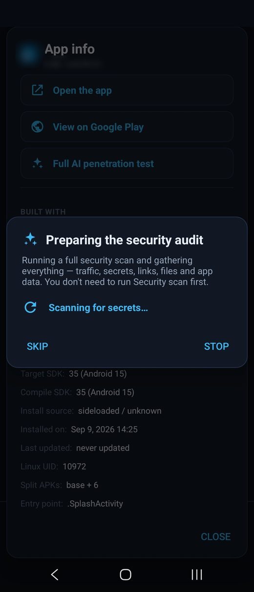 TrustAPK preparing the AI security audit on the device
