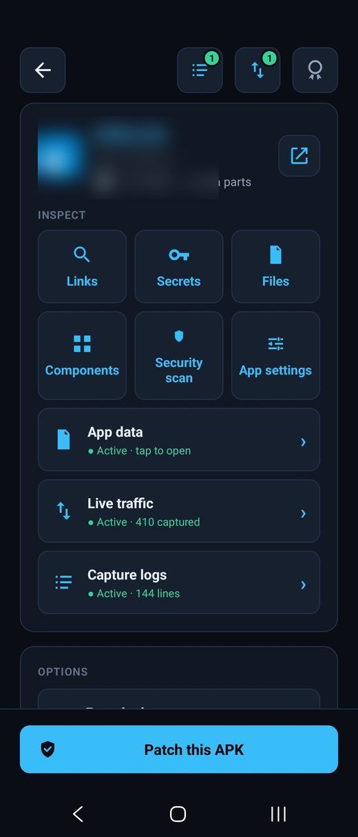 The TrustAPK dashboard for a loaded app